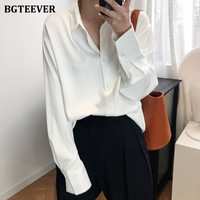 BBTEEVER 2020 New Chic kobiety Satin koszule z długim rękawem jednolity skrócony kołnierz elegancka biurowa, damska odzież robocza bluzki kobiet 2